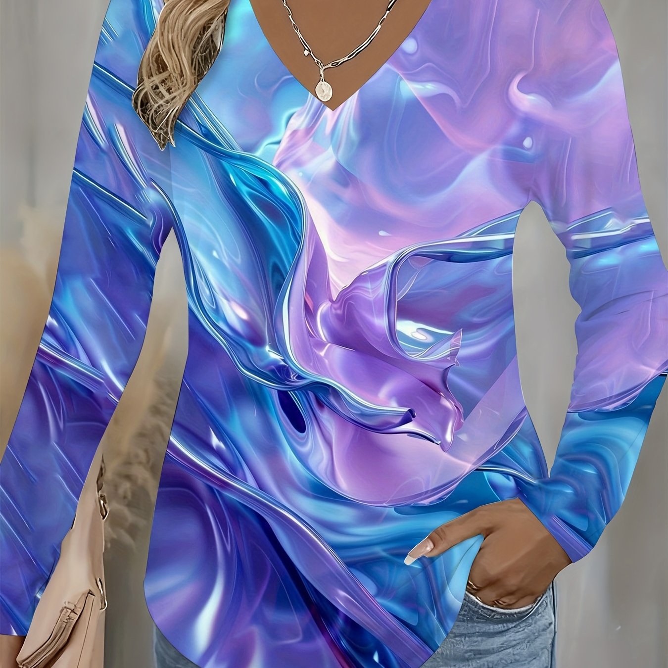 Women'S Shiny Blue Purple Liquid V-Neck Long Sleeve T-Shirt | Al-Over Print Ombre Marbled Pattern, Casual to Semi-Formal Wear, All-Season Comfort, Versatile for Daily Outfits, Weekend & Holiday Events