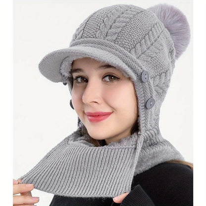 1x Winter Women's Pullover Ear Warmer Hat, Scarf Mask Combo Warm Thick Skull Ski Cap, Head And Neck Warmth, Ear And Face Warmer, Winter Scarf Mask Combo, Ear Warmer Hat, Cable Pattern, Slouchy Fit, Hand Wash Care, Thick Fleec
