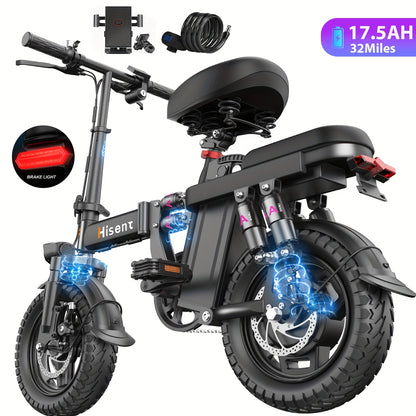 Hisent Adult Electric Bicycle, 48V 6A10A/15A/17.5A Lithium Battery, 20MPH, 8-35 Miles Range, 740W Brushless Motor, Multiple Shock Absorbers, 14" High-quality Tires, 3-step Folding, LCD Display, with Headlight And Taillight, C