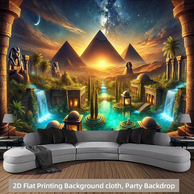 2D Flat, 1pc Egyptian Pyramid and Oasis Polyester 71x91 Inch Party Banner - No Power Needed, Easy to Hang Backdrop for Living Room, Bedroom, Office, Outdoor Durable Wall Decor, Garden Decoration, Home Decoration, Event Decora