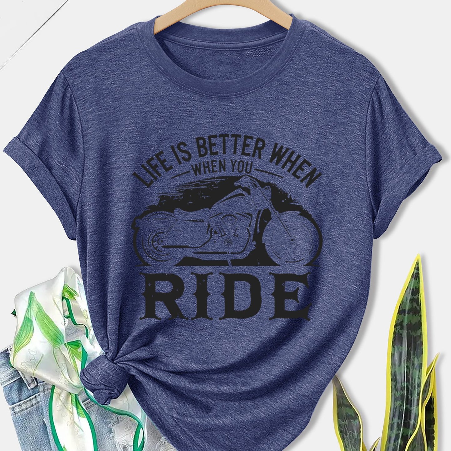 Women'S Motorcycle Graphic Long Sleeve T-Shirt - Turquoise Riding Slogan Print, Loose Fit Casual Top with Round Neck, All-Season Comfort for Motorcycle Enthusiasts, Outdoor Riding & Casual Attire, Breathable & Durable Apparel