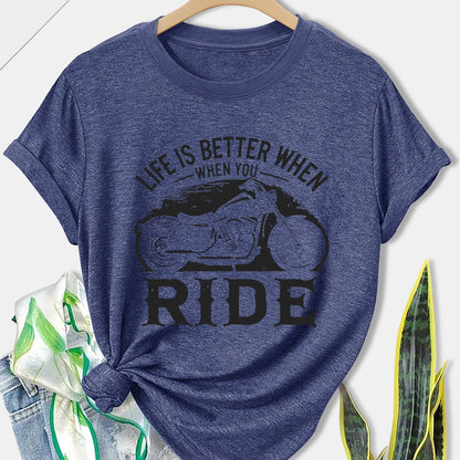 Women'S Motorcycle Graphic Long Sleeve T-Shirt - Turquoise Riding Slogan Print, Loose Fit Casual Top with Round Neck, All-Season Comfort for Motorcycle Enthusiasts, Outdoor Riding & Casual Attire, Breathable & Durable Apparel