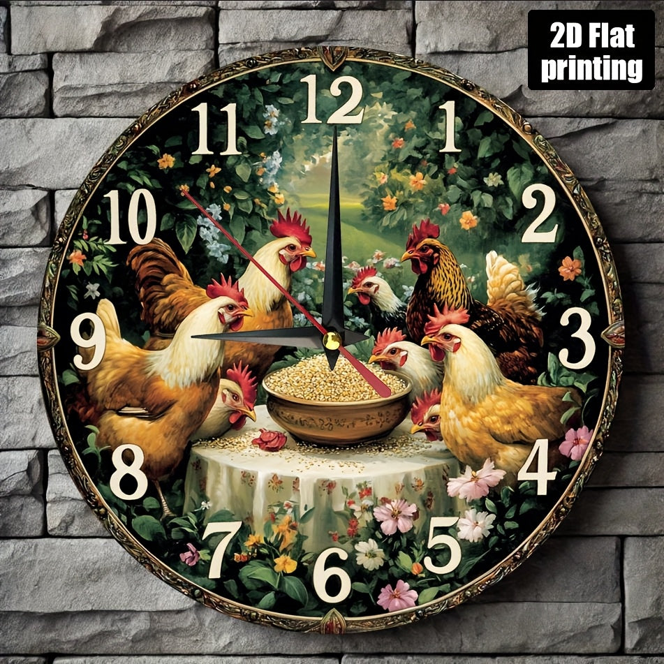 Farmhouse Chicken Rooster Wall Clock - Silent Non-Ticking Round Farm Decor with Golden Hands, Rustic Kitchen, Living Room, Bedroom Decoration - Easy-to-Read Large Numbers - Battery Operated (AA Not Included) - Durable Artific