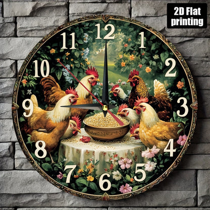 Farmhouse Chicken Rooster Wall Clock - Silent Non-Ticking Round Farm Decor with Golden Hands, Rustic Kitchen, Living Room, Bedroom Decoration - Easy-to-Read Large Numbers - Battery Operated (AA Not Included) - Durable Artific