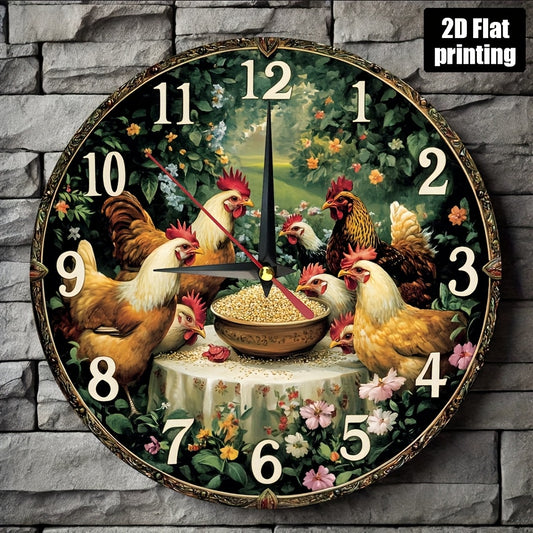 Farmhouse Chicken Rooster Wall Clock - Silent Non-Ticking Round Farm Decor with Golden Hands, Rustic Kitchen, Living Room, Bedroom Decoration - Easy-to-Read Large Numbers - Battery Operated (AA Not Included) - Durable Artific