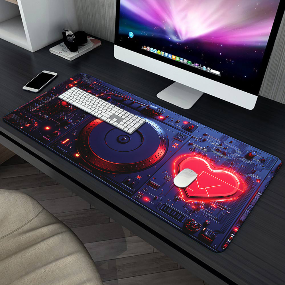 Large Robotic Heart Gaming Mouse Pad - Vibrant DJ Mixer Design, Anti-Slip Rubber Desk Mat for PC & Laptop, Office & Gamers, Soft Fabric Surface, Blue & Red Aesthetic