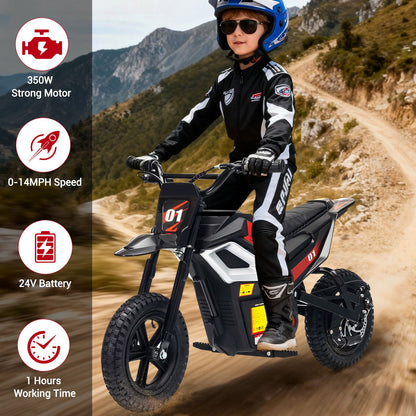 24V 350w Kids Motorcycle, 13. 67 Mph Max Speed Kids Electric Bike, Dirt Bike with Rear Wheel Suspension, Music, 12 Miles Range, Twist Grip Throttle, Metal Suspension, Rubber Tire, Leather Seats