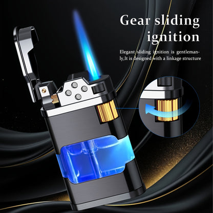 Windproof Blue Flame Butane Lighter with Transparent Gas Chamber & Wheel Ignition - Ergonomic Outdoor Lighter for Camping, Hiking, Candles - Durable Metal Construction, Perfect Gift for Dad, Boyfriend (No Butane Gas Included)