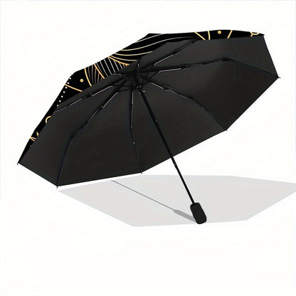1pc Lotus Mandala Automatic Open/Close Folding Compact Umbrella - 8-Rib Sturdy Canopy, Lightweight Portable, Durable Plastic & Iron Construction, Elegant Black & Golden Design for Daily Commute, Travel, Outdoor Use - Fashiona
