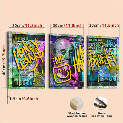 3-Panel Money Wall Art with Graffiti "Money Bus My Happiness" Design - 100 Dollar Bill Canvas Print on Recycled Wood Frame, Vibrant Inspirational Decor for Living Room, Bedroom, Home Office - Ready to Hang, Wall Hanging Decor