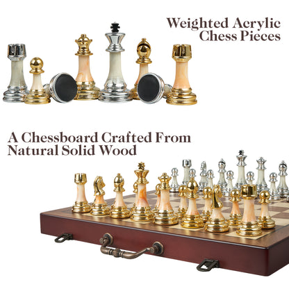 16.5-inch Chess Set, Featuring A Foldable Wooden Board with Storage Slots, Weighted Acrylic Chess Pieces, Including 2 Extra Queens And A 3.5-inch King Piece, Perfect for Halloween And Christmas Gifts., Large Chess Board, Ches
