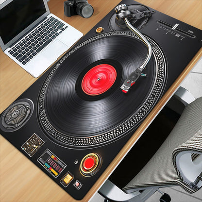 1pc XXL Large Vinyl Record Desk & Mouse Pad - Non-Slip DJ Turntable Design with Vinyl Grooves, Retro Music Studio Theme for Gaming/Office Computer, Compatible with PC/Laptop (Realistic DJ Setup Accessory)