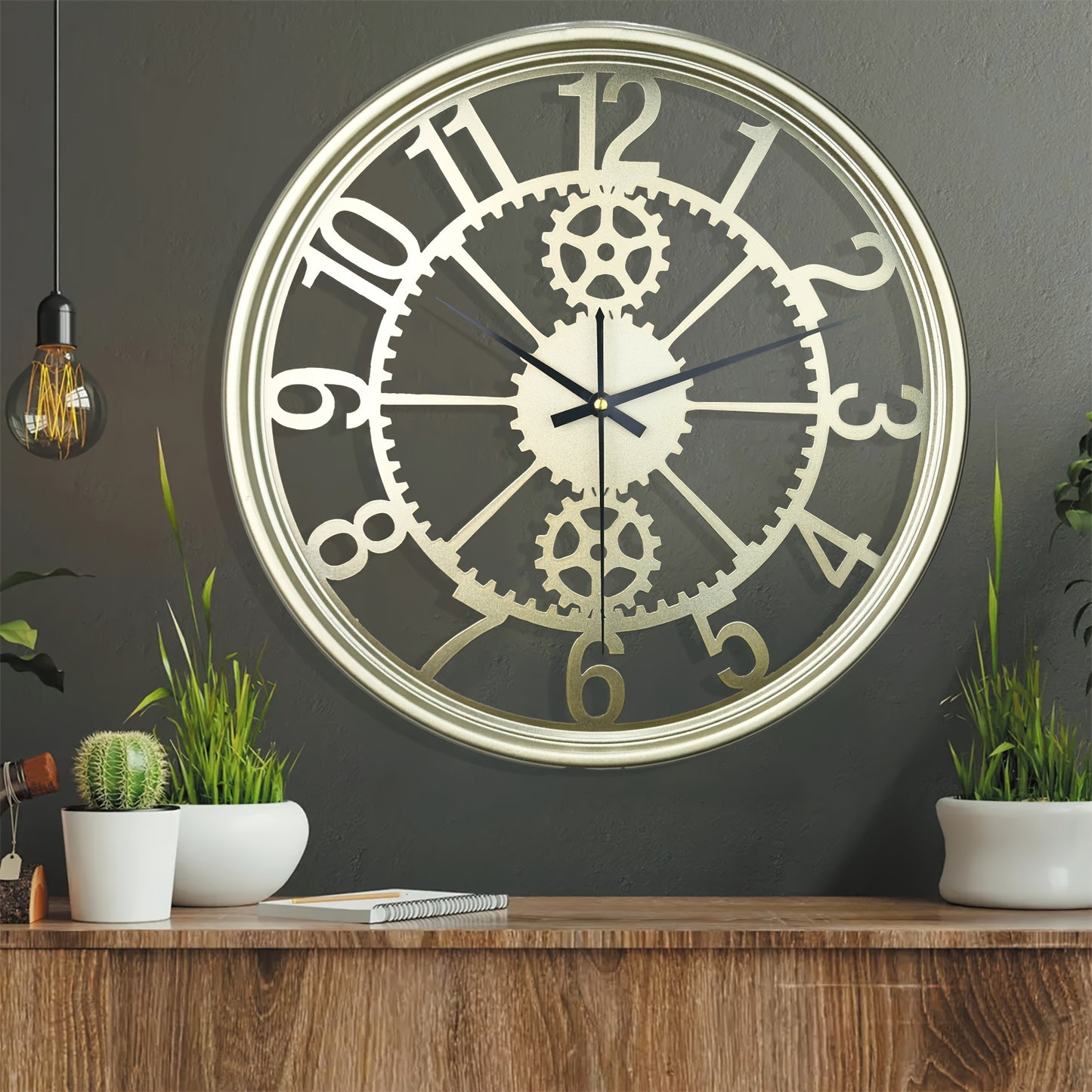 A simple and atmospheric style metal gear wall clock with silent design, suitable for corridors, porches, living rooms, bedrooms, teachers, kitchens, offices, Christmas, Halloween, housewarming, holiday parties, etc