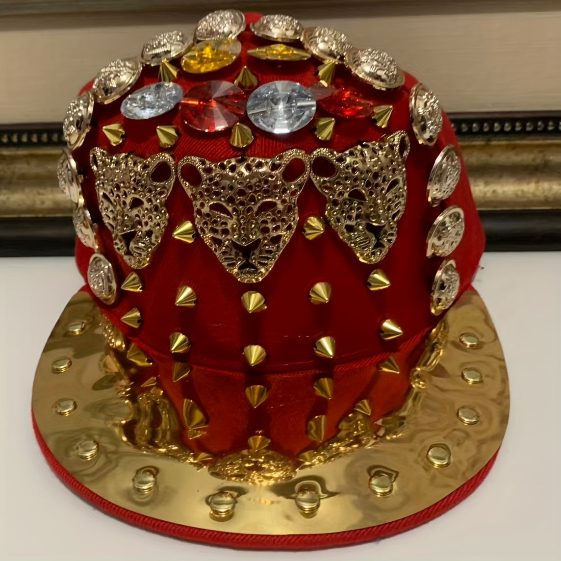 Unisex Punk Street Style Adjustable Snapback Cap with Golden Spikes & Gemstone Embellishments - Lightweight Handmade Hat for Men & Women, Casual Outings, Concerts, Festivals, Punk Accessories