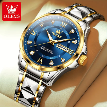OLEVS Men's Luxury Business Chronograph Watch - Stainless Steel Dual Date & Day Calendar, Luminous Hands, Quartz Movement, Black Dial with Golden Accents for Formal & Casual Wear, Professional Timepiece, Sophisticated Style,