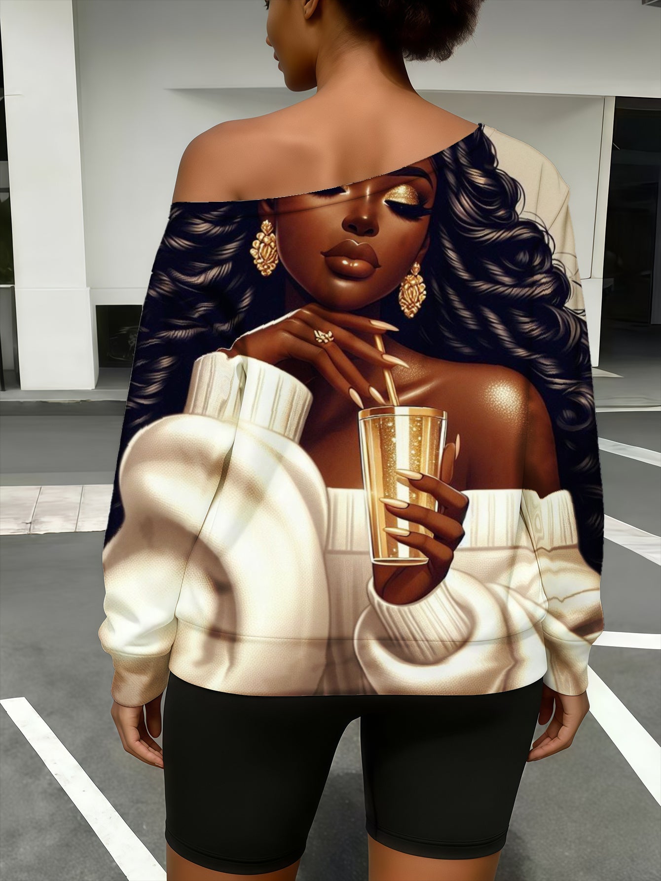 Plus Size - Women'S Plus Size Golden Accent Off-Shoulder Sweatshirt - All-Over Print Long Sleeve Winter Sweater with Woman Holding Drink Design, Cozy Casual Pullover, Relaxed Fit Tapered Hem, Machine Washable Fall & Winter Fa