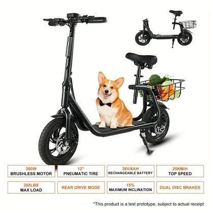 Folding Electric Scooter - 350W Motor, Portable Electric Scooter for Urban Use, 6AH/7.5AH Lithium Batteries, 25km Range & 25km/h Top Speed, 12"/14" Inflatable Tires, Front/Rear Disc Brakes+ Rear E-Brake, 264.55LB Max Load, Su
