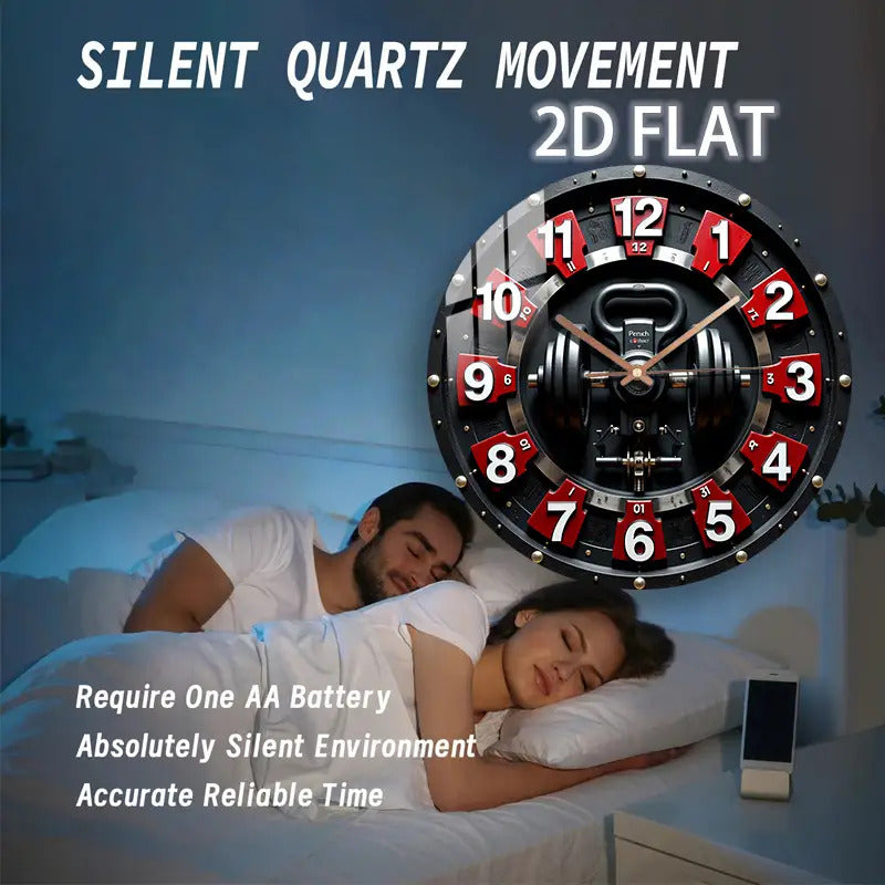 12 Inch Fitness-Themed Silent Wall Clock with Dumbbell Design - Quartz Battery-Powered Modern Gym Decor, Red/White Numbered Segments, Manual Shut-Off, Glass Round Clock For Home, Bedroom, Fitness Room Decor, Bedroom Timepiece