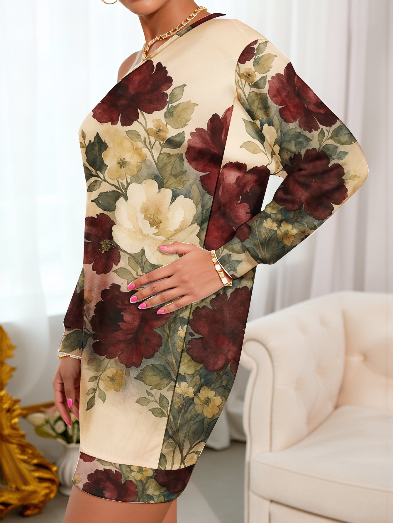Plus Size, Women's Elegant One-Shoulder/Boat Neck Floral print dress - Cream with Red & Yellow Roses, Short to medium length Fitted Party Wedding Guest Dress, Prom Attire, Machine Washable Spring Outfit