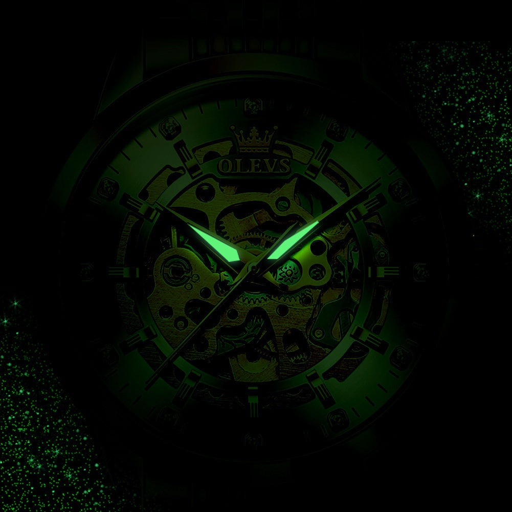OLEVS Men'S Luxury Skeleton Watch - Automatic Mechanical Self-Winding, Luminous Hands & Double-Sided Openwork Case, Stainless Steel Business Chronograph Watch with Exposed Movement, No Battery/Electricity-Free Operation for F