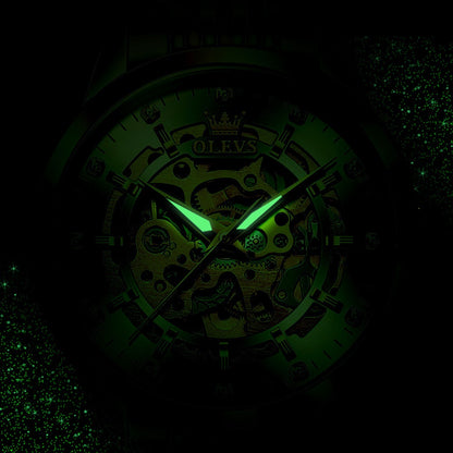 OLEVS Men'S Luxury Skeleton Watch - Automatic Mechanical Self-Winding, Luminous Hands & Double-Sided Openwork Case, Stainless Steel Business Chronograph Watch with Exposed Movement, No Battery/Electricity-Free Operation for F
