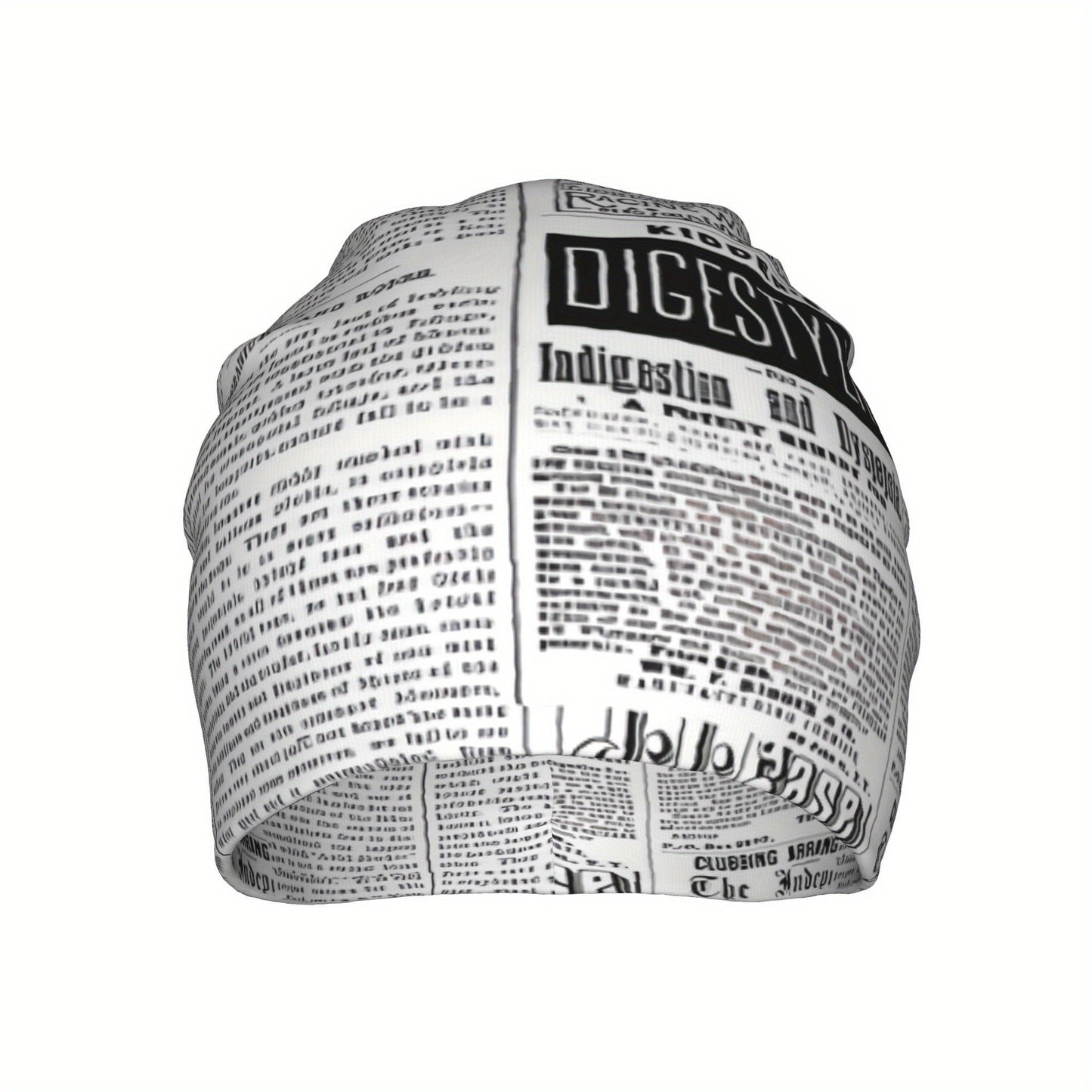 Vintage Newspaper Print Soft Knit Beanie Hat for Men & Women - Funky Style, Stretchy & Comfortable Ski Cap, Hand Washable, White with Black Text Design, Winter Hat