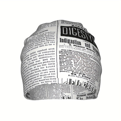 Vintage Newspaper Print Soft Knit Beanie Hat for Men & Women - Funky Style, Stretchy & Comfortable Ski Cap, Hand Washable, White with Black Text Design, Winter Hat