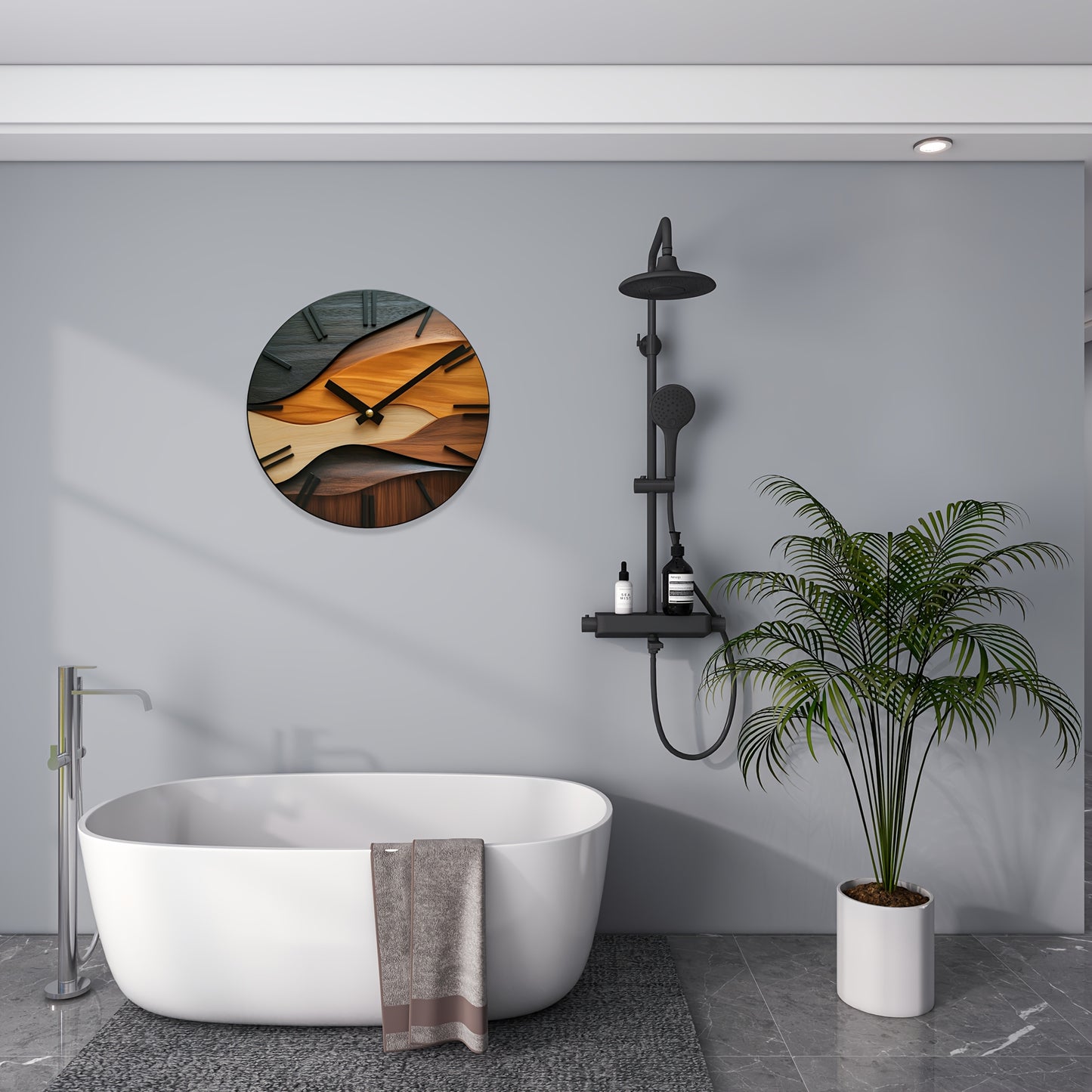 [Artistic Wall Clock] 12-inch Artistic Round Glass Wall Clock, Silent Non-Ticking High Quality Movement, 3mm Thickened Steel Tempered Glass, Faux Wood Grain Nordic Style with Corrugated Design | 1pc, Living Room Bedroom Home
