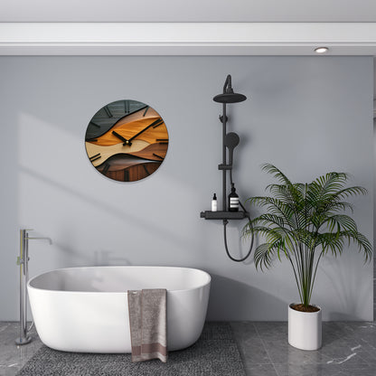 [Artistic Wall Clock] 12-inch Artistic Round Glass Wall Clock, Silent Non-Ticking High Quality Movement, 3mm Thickened Steel Tempered Glass, Faux Wood Grain Nordic Style with Corrugated Design | 1pc, Living Room Bedroom Home