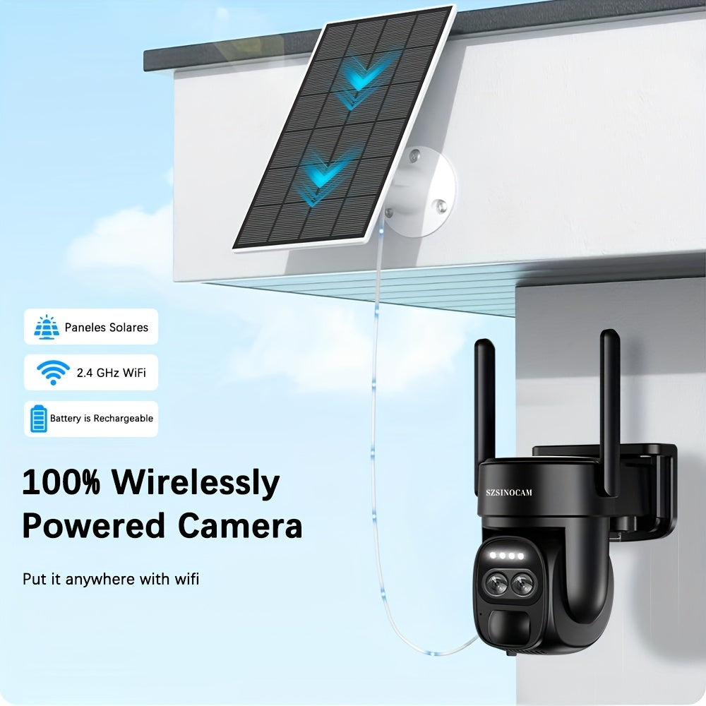 Solar-Powered PTZ Security Camera with 8x Zoom Dual Lens, 360° Auto Tracking, Human Detection, Two-Way Talk, Wireless WiFi, PoE Camera, Solar Panel, Outdoor Surveillance System for Home/Office/Business - Continuous Recording