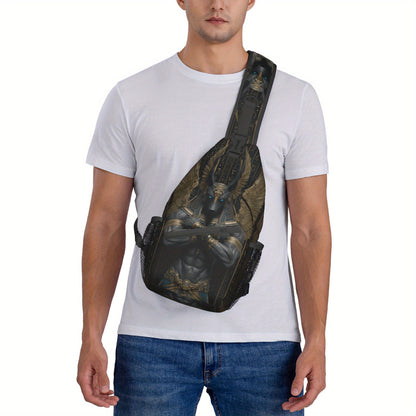Men's Egyptian God Anubis Sling Bag - Egyptian-Themed Chest Pack with Anubis Print & Horus-Eye Golden Accent, Zipper Closure, Hands-Free Crossbody Bag for Cycling, Travel, Casual Use - Ancient Egyptian Design Gift for Adventu