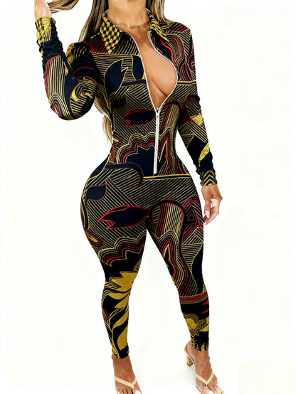 Plus Size - Women'S Sexy V-Neck Jumpsuit | Zipper Closure, Fashion Printed, Versatile for Party, Club & Daily Wear, 4-Season Fashion Outfit, Slight Stretch Fabric