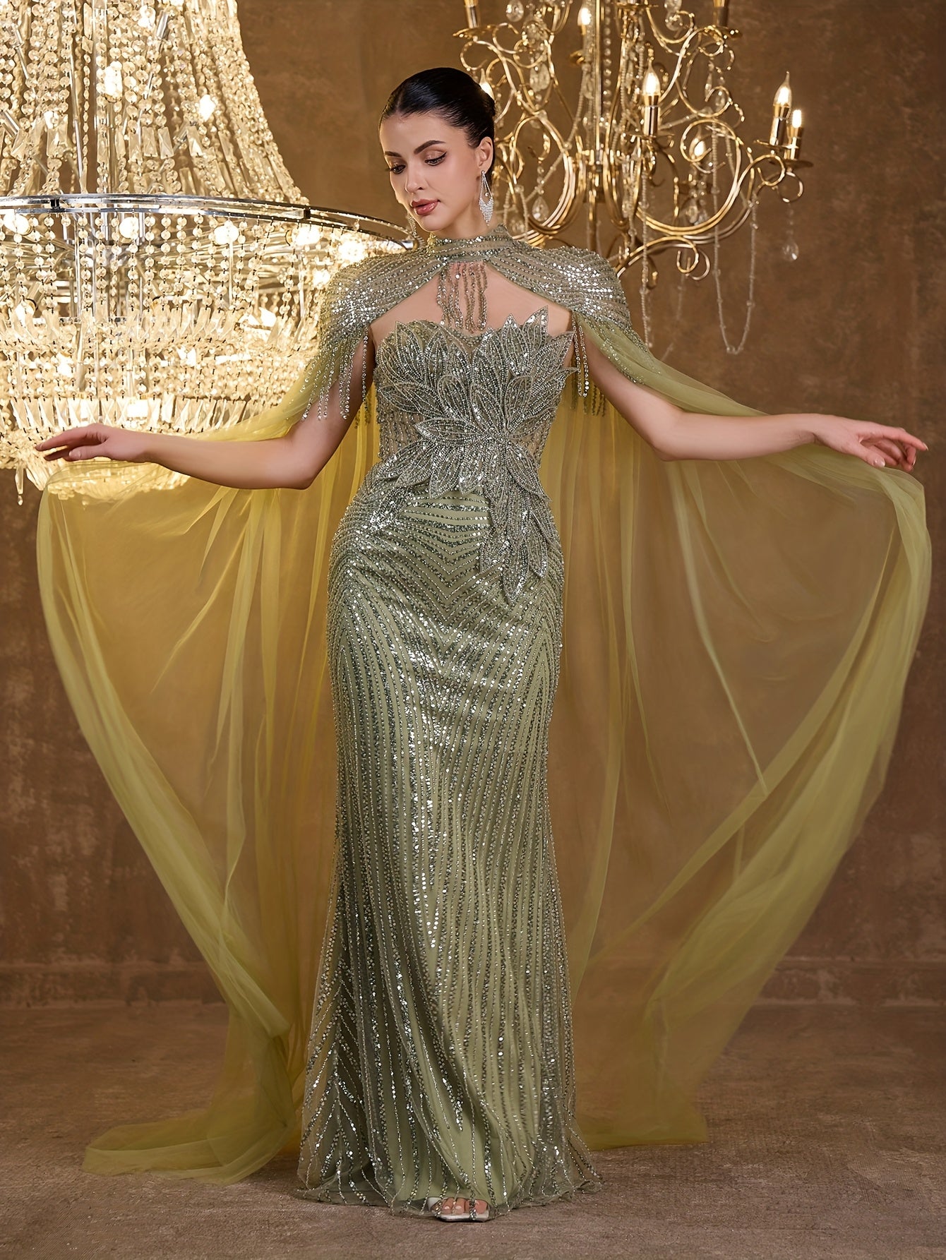 An Elegant And Sexy Evening Gown Featuring a High Neckline, 3D Petal Appliqués, And Flowing Tassels, Adorned with Sequins And Lace on The Bodice