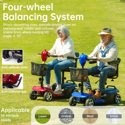 Adult And Mobility Scooter: 250W Four-wheel Foldable Scooter with A Speed Of 6 Mph, 24V 13Ah A Range Of 15 Miles, A 360° Swivel Seat, A Removable Shopping Basket And LED Headlights.