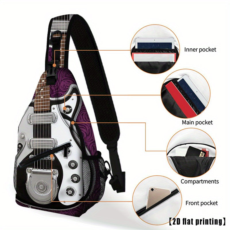 Burning Guitar (8) Black Guitar-Shaped Crossbody Backpack - Adjustable Shoulder Straps, Foldable Large Capacity, Durable Polyester for Travel, Beach, Camping, Work & Casual Outings - Unisex Gift for Music Lovers