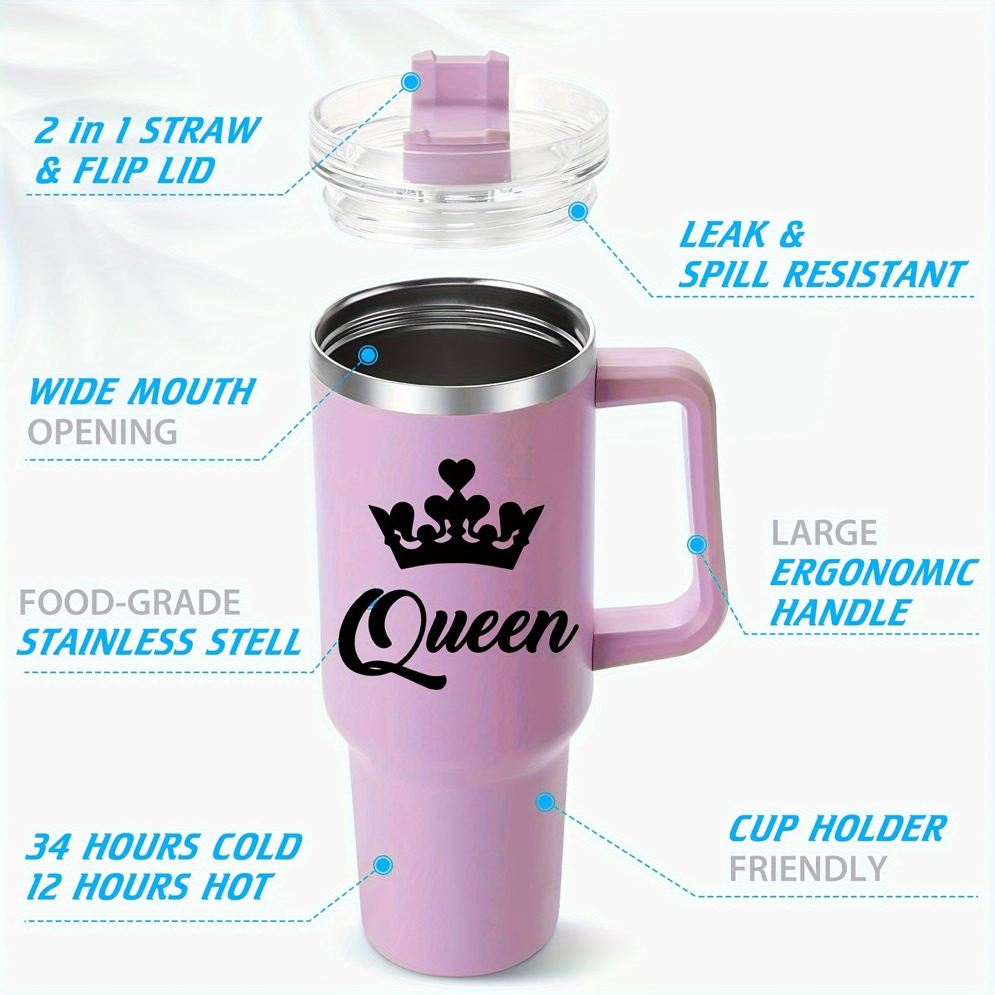 1pc HSDIOKL Queen 40oz Stainless Steel Tumbler - Double Wall Vacuum Insulated Travel Mug - Customizable with Crown & "Queen" Design - Pink Lid - Perfect for Halloween, Christmas, Thanksgiving Gifts - Gift Mug | Crown Motif Tu