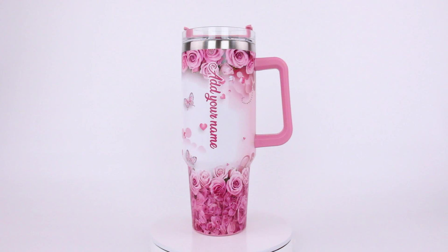 One Personalized 40Oz Tumbler Featuring a Lid And a Butterfly Design, Customized with a Name. This Stainless Steel Water Bottle Is Insulated And Built to Last, Making It a Perfect Gift for Various Occasions Such As Birthdays,