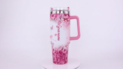 One Personalized 40Oz Tumbler Featuring a Lid And a Butterfly Design, Customized with a Name. This Stainless Steel Water Bottle Is Insulated And Built to Last, Making It a Perfect Gift for Various Occasions Such As Birthdays,