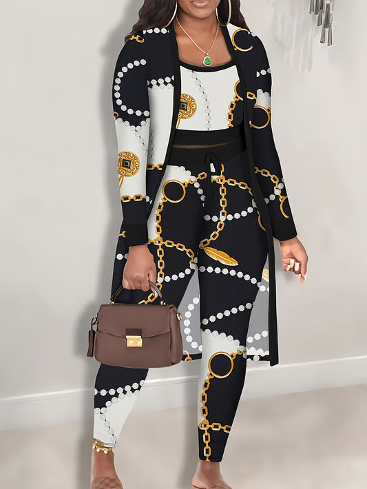 Relaxed Fit - Three-Piece Set For Women - Spring/Autumn Fashion - Random Print - Polyester Blend With Elastane - Machine Washable