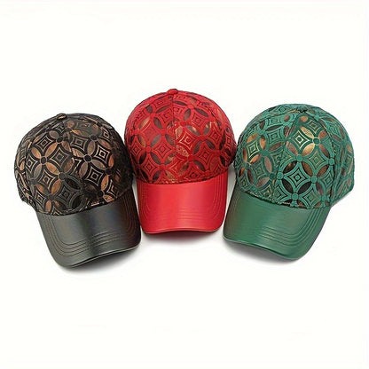 Metallic Golden-on-Green Baseball Cap - Adjustable Strap, Lightweight Hip-Hop Hat for Men & Women, Urban streetwear, Concerts, Parties - Unisex Driver Cap for Everyday & Special Events, Party Headwear, Geometric Pattern, Brea
