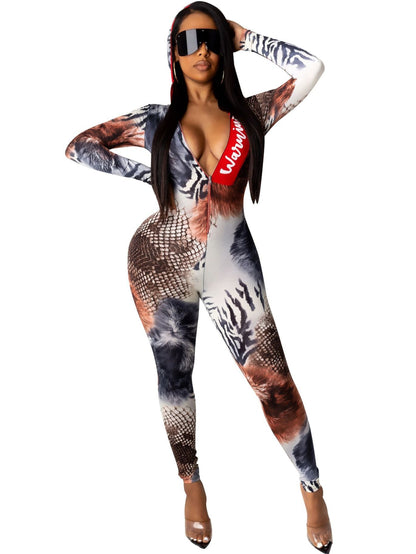 Summer Women'S Fitted Jumpsuit with a Leopard Print, V-Neck, And Long Sleeves Featuring a Hood