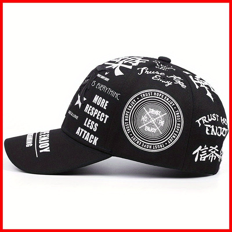 2pcs Baseball Cap & Mask Set - "Trust Hope Enjoy" Inspirational Print, Black with White Text, Adjustable Snapback, Breathable Mesh Back, Perfect for Sports & Casual Wear, Casual Headwear | Trendy Baseball Cap | Comfortable Fi