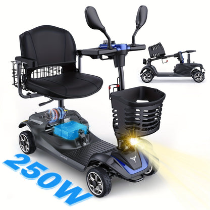 New 4-Wheel Mobility Scooter, 250W Motor, 5.6MPH Speed, 24V 12AH Battery, Solid 8"x3" Tires, Rearview Mirrors, Dual Baskets, Foldable & Adjustable Design, Easy To Control, Ideal For Daily Use And Outdoor Adventures, Blue