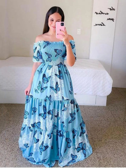 2023 New Spring Summer European and American Women's Fashion Off-Shoulder Floral Print Long Dress