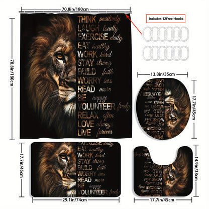 4pcs Powerful Lion Shower Curtain Set, Golden African Safari Animals Masculine Male Cool Bathroom Sets with Shower Curtain and Rugs, Motivational Inspirational Quotes Shower Curtain with Bath Mat Set and 12 Hooks, Shower Curt