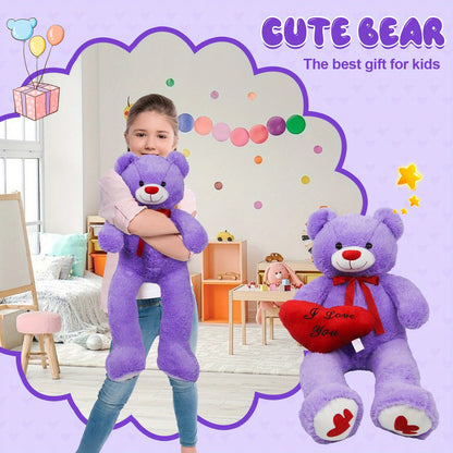 53" Big Teddy Bear Stuffed Animals with Footprints And 14" Heart-shaped Plush Pillow Plush Toy for Girlfriend (White Pink Brown Blue Purple), Stuffed Animals, Huge Stuffed Animal, Small Stuffed Animals, Cuddly Companion, Gift