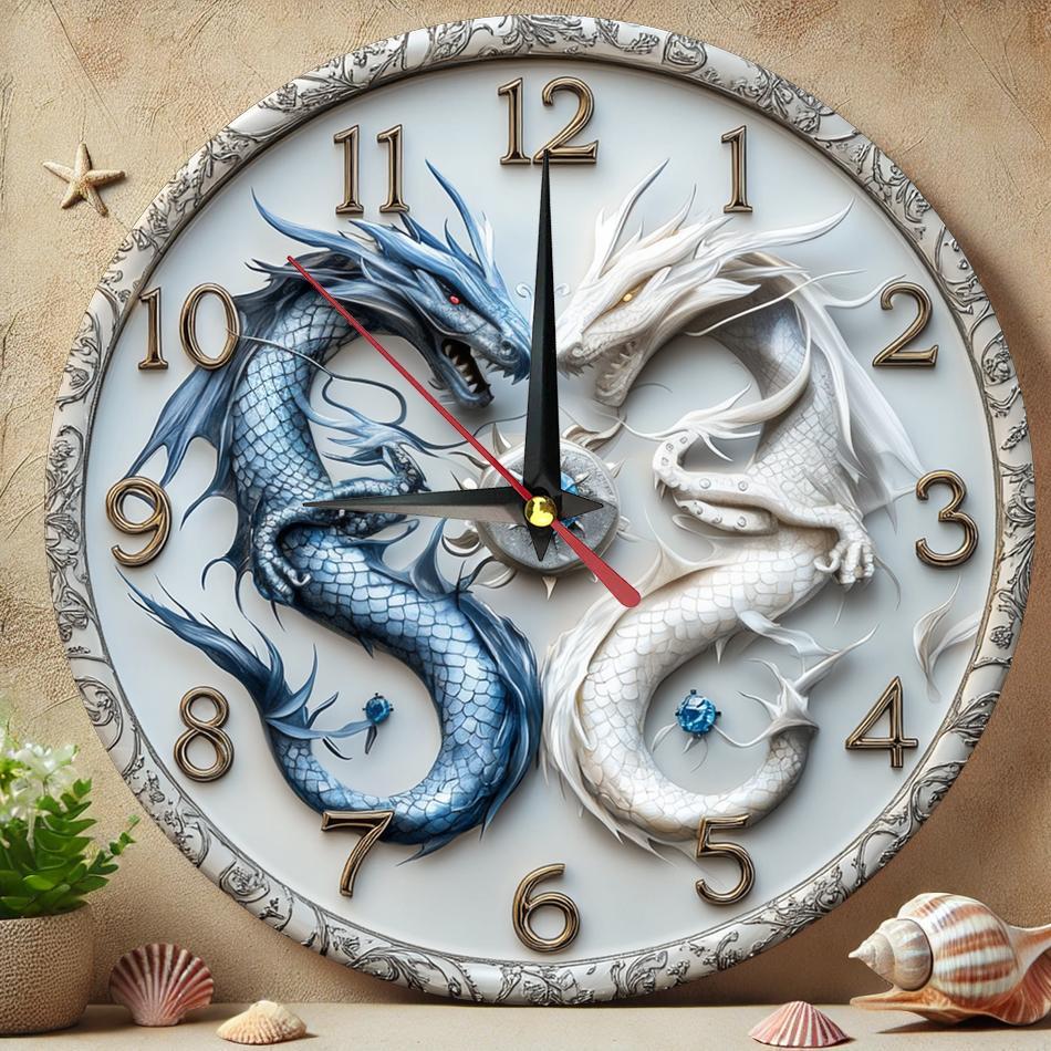 Dragon-Themed Silent Wooden Wall Clock, 9.8" Round - Farmhouse Style for Kitchen, Bedroom, Office Decor | Easy to Read, No Ticking Sound | Battery Not Included