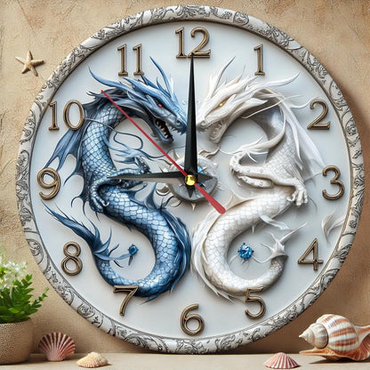 Dragon-Themed Silent Wooden Wall Clock, 9.8" Round - Farmhouse Style for Kitchen, Bedroom, Office Decor | Easy to Read, No Ticking Sound | Battery Not Included
