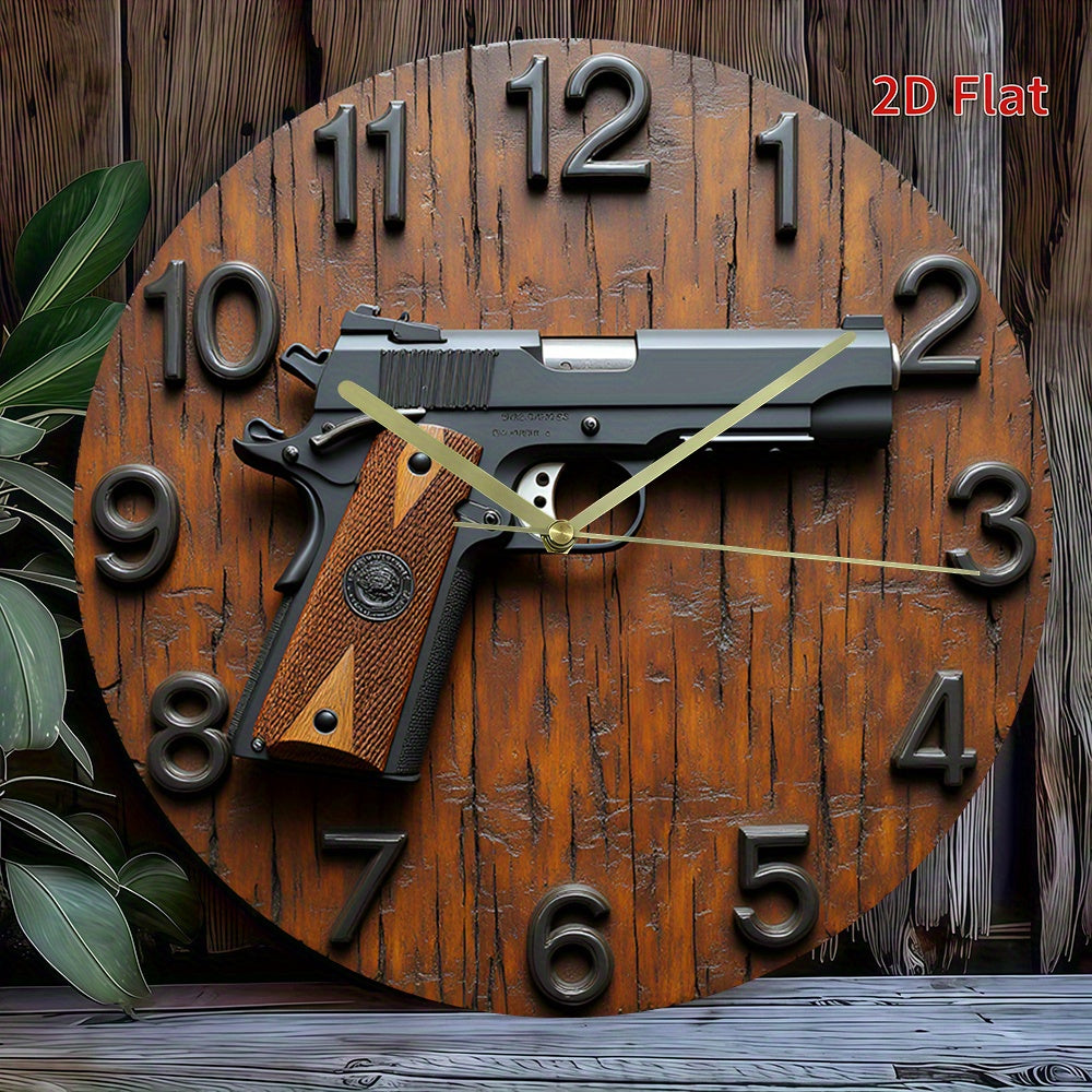 2D Flat Acrylic Wall Clock with Gun Design - Silent Non-Ticking Battery Operated (AA Not Included) - Modern Home Office Dorm Decor - Unique Christmas Halloween Birthday Gift, 2D Flat