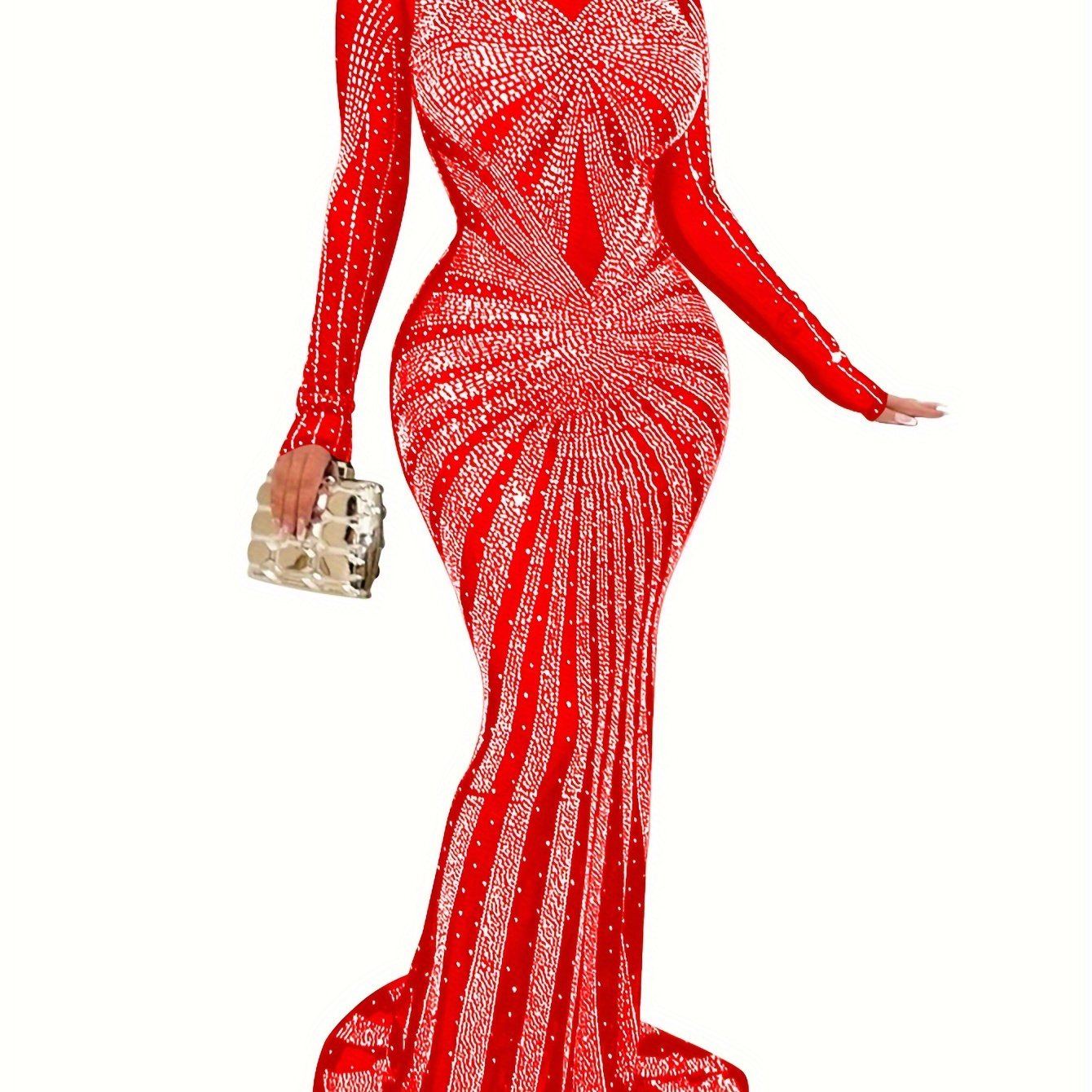 Long Sleeve Maxi Dress - Elegant Sheer Mesh with Rhinestone Detail - Bodycon Fit for Women - Perfect for Spring/Summer/Fall